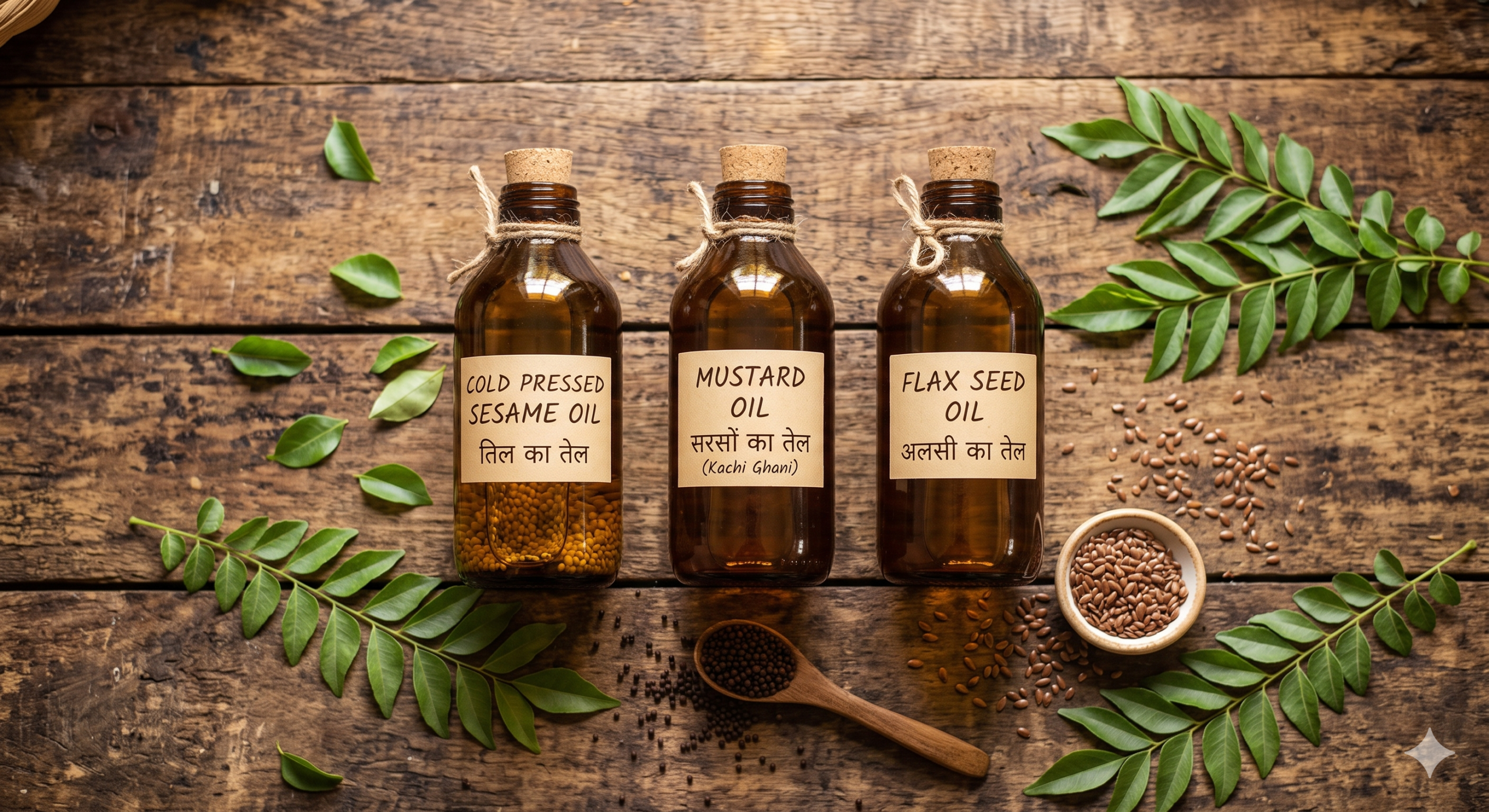 Cold pressed oils for heart health India — sesame mustard and flax seed oil