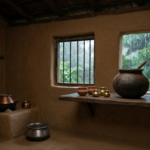 Traditional Indian kitchen during monsoon with wood pressed oil in clay pot on wooden shelf