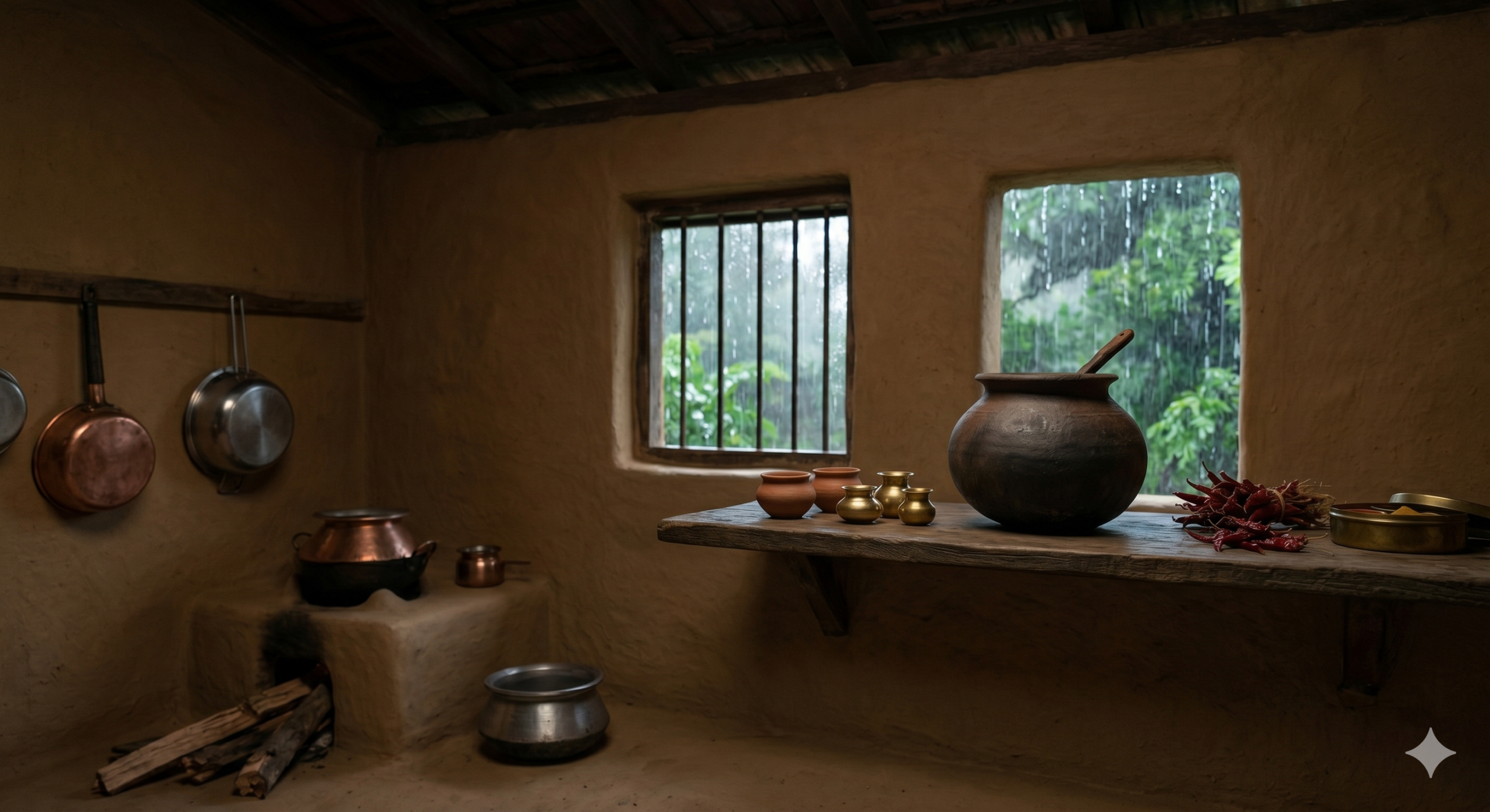 Traditional Indian kitchen during monsoon with wood pressed oil in clay pot on wooden shelf