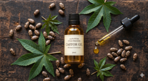 Cold pressed castor oil for hair growth – glass bottle with castor seeds – Srikruti Naturals