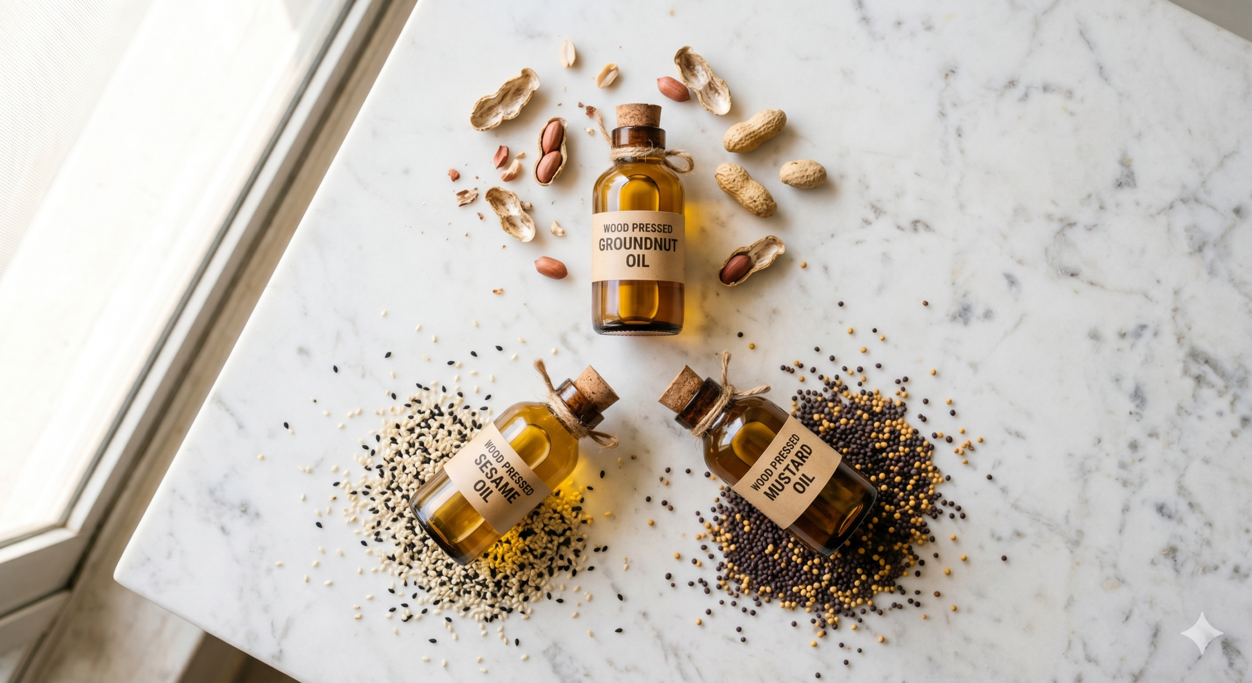 Wood pressed oils for cholesterol – groundnut, sesame and mustard oil bottles – Srikruti Naturals