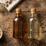 Photorealistic top-down flat lay on a rustic wooden surface: two glass bottles side by side — one filled with dark golden wood pressed sesame oil, one with light pale refined sesame oil. Scattered sesame seeds around the bottles. Warm natural lighting. Clean minimal background. No text overlay. High detail, food photography style.