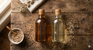 Photorealistic top-down flat lay on a rustic wooden surface: two glass bottles side by side — one filled with dark golden wood pressed sesame oil, one with light pale refined sesame oil. Scattered sesame seeds around the bottles. Warm natural lighting. Clean minimal background. No text overlay. High detail, food photography style.