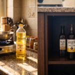 A clean Indian kitchen counter with two scenes side by side — left side shows wrong storage: plastic bottle near a lit gas stove in direct sunlight; right side shows correct storage: dark amber glass bottles in a cool dark cupboard away from light, photorealistic, warm natural lighting, no text overlay, educational feel