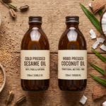 A clean natural flat-lay comparison of two amber glass bottles — one labelled cold pressed sesame oil and one labelled wood pressed coconut oil — on a wooden surface with fresh coconut halves and sesame seeds arranged around them, soft warm natural lighting, photorealistic, no text overlay