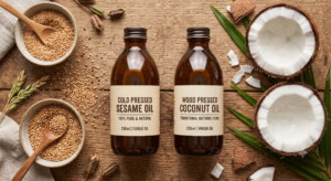 A clean natural flat-lay comparison of two amber glass bottles — one labelled cold pressed sesame oil and one labelled wood pressed coconut oil — on a wooden surface with fresh coconut halves and sesame seeds arranged around them, soft warm natural lighting, photorealistic, no text overlay