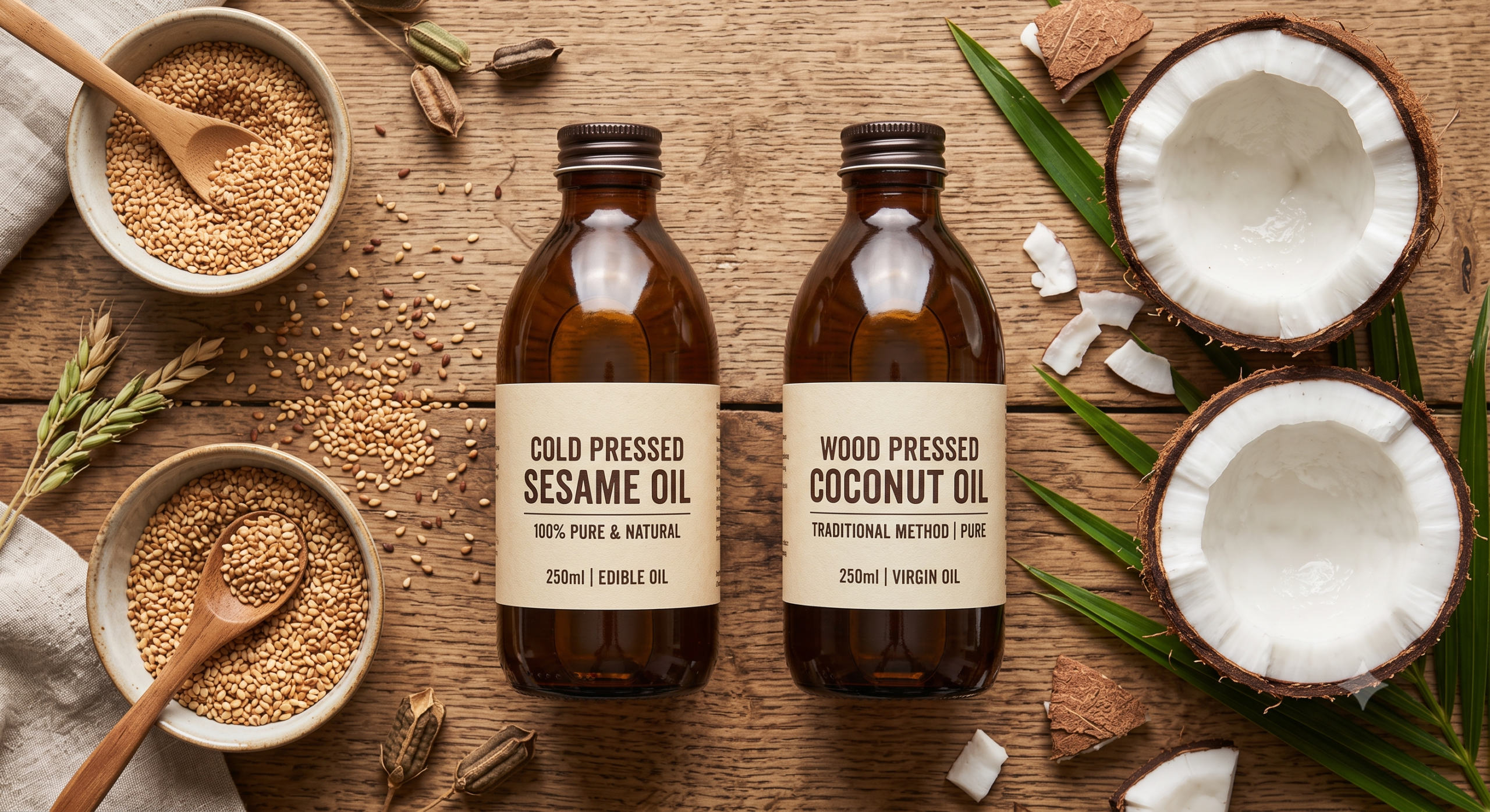 A clean natural flat-lay comparison of two amber glass bottles — one labelled cold pressed sesame oil and one labelled wood pressed coconut oil — on a wooden surface with fresh coconut halves and sesame seeds arranged around them, soft warm natural lighting, photorealistic, no text overlay