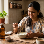 A warm natural close-up of an Indian woman in her 20s or 30s adding a teaspoon of cold pressed flax seed oil into a bowl of curd at a wooden kitchen table, amber glass bottles of flax seed oil and sesame oil visible nearby, soft morning light from a window, photorealistic, calm lifestyle feel, no text overlay