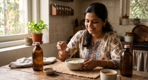 A warm natural close-up of an Indian woman in her 20s or 30s adding a teaspoon of cold pressed flax seed oil into a bowl of curd at a wooden kitchen table, amber glass bottles of flax seed oil and sesame oil visible nearby, soft morning light from a window, photorealistic, calm lifestyle feel, no text overlay