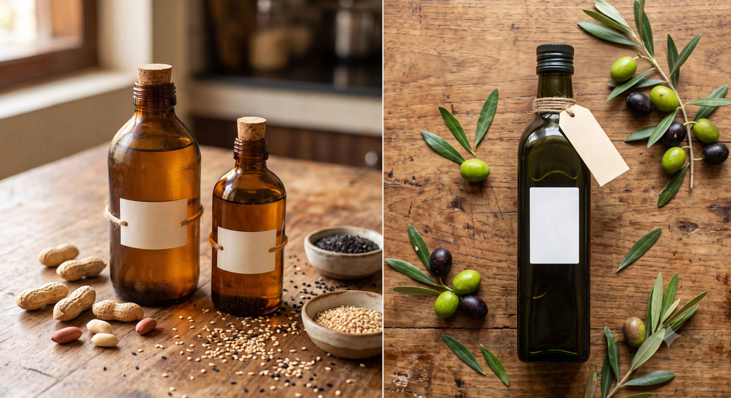 Cold pressed oil vs olive oil comparison for Indian cooking — groundnut sesame and olive oil bottles