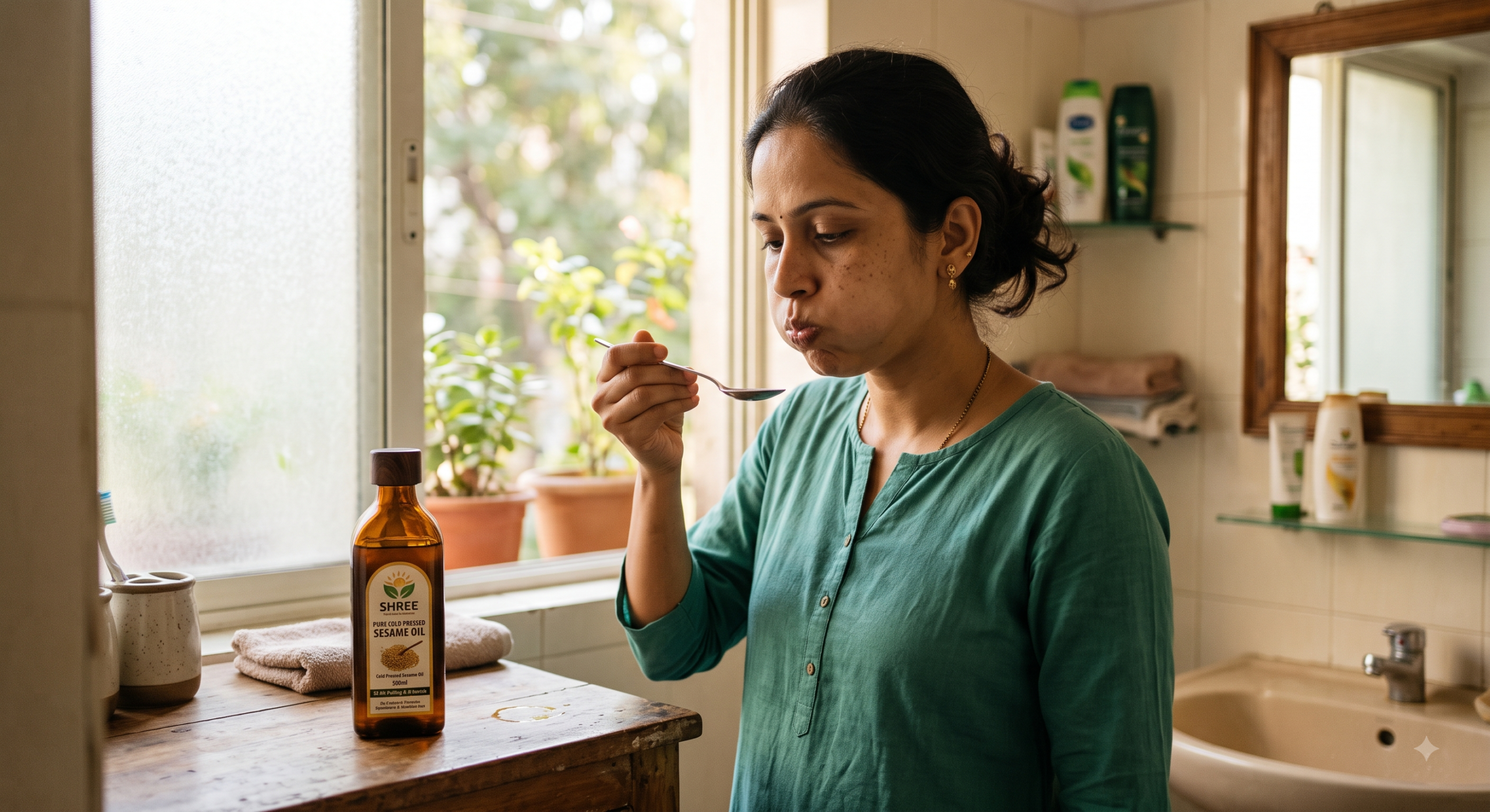 Cold pressed sesame oil and coconut oil bottles for oil pulling morning routine